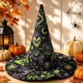 Gesteppter Halloween Hexenhut mit gesticktem Totenkopf Spinnennetz Grusel Design Kappe - SM15