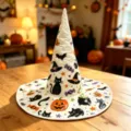 Λευκό αποκριάτικο καπέλο μάγισσας Halloween με καπιτονέ σχεδιασμό και τύπωμα γάτας κολοκύθας. - Στυλ 10