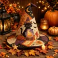 Halloween Witch Hat Quilted Embroidered Black Cat Pumpkin Print Festival Costume Hat - Style 31