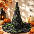 Halloween Hexenhut mit Stepp-Patchwork-Druck, festliches Kostümzubehör, lila und grün. - SM5