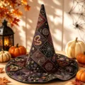 Gesteppter Halloween Hexenhut mit goldener Stickerei und Patchwork Design für Kostüme. - SM7