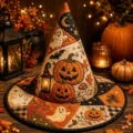 Halloween quilted witch hat with embroidered ghost pumpkin patterns for festive party costume props - Style 6