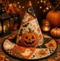 Halloween witch hat with quilted digital print design, festive party costume hat decor. - Style 13