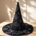Gesteppter Halloween Hexenhut mit gotischen Flickenmuster, lila schwarze Zauberin Kappe. - SM9