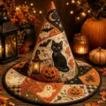 Halloween quilted witch hat with black cat pumpkin ghost patchwork design for holiday party. - Style 10