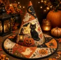 Quilted Halloween witch hat with cute black cat, ghost and pumpkin embroidery design. - Style 7
