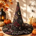Gesteppter bestickter Halloween Hexenhut mit himmlischem Patchwork Design fuer Kostüm Partys. - SM17