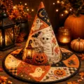 Halloween quilted witch hat table topper with cute ghost pumpkin embroidery festive decor - Style 12