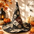 Halloween Hexenhut schwarzer Flicken-Stepphut mit gruseligem Totenkopf und Kürbis-Print. - SM25