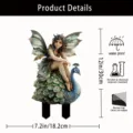 Acrylic garden stake detail showing fairy on peacock design with size and waterproof features - Style 16