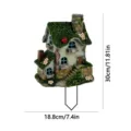 Moss-covered fairy garden house stake detail view, resin outdoor decorative ornament features. - Style 20
