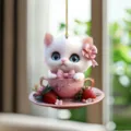 Mignon Chat Acrylique Pendentif Voiture Tasse Rose Fraise Porte-clés Décoration Sac - JH3 (Chatton)