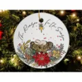 Round ceramic Christmas tree hanging ornament with holiday Nativity scene and text. - Style 1