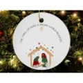 Round Christmas tree hanging ornament with Nativity scene print and festive holiday quote. - Style 2