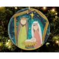 Nativity scene round acrylic Christmas tree ornament detail view, festive holiday hanging decor. - Style 3