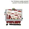 Close-up detail of the Christmas family wooden pendant showing cute 5-person holiday figures. - Style 4 / 8*8*0.3cm
