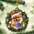 Christmas acrylic wreath ornament detail showing cute puppy wearing santa hat with gift. - Style 6