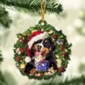 Detailed view of Christmas acrylic flat wreath pendant with cute Bernese dog design for home decor. - Style 10