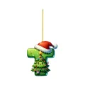 Closeup of cute letter T Christmas tree hanging ornament with acrylic texture and holiday hat detail. - Letter T