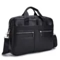 Men's Black Leather Business Briefcase 14 Inch Laptop Bag Detail View Shoulder Messenger - Black