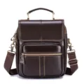 Men's vertical leather messenger bag, dark brown single shoulder crossbody bag with zipper. - Coffee