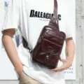 Men's retro oil-wax genuine leather chest bag detail, casual single shoulder bag. - Brown