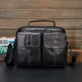 Genuine leather men's messenger shoulder bag, business casual crossbody bag with double front pockets. - Black