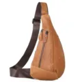 Men's Tan Leather Sling Bag, Casual Waterproof Chest Crossbody Bag for Outdoor Travel - Brown