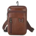 Men brown leather crossbody phone pouch bag multi pocket small shoulder waist bag detail - Brown
