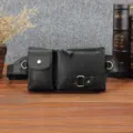 Men's black leather waist bag detail, multi-pocket fanny pack for outdoor sports and retro use. - Black