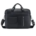 Black leather business briefcase with multiple pockets, top handles, and adjustable shoulder strap. - 10" / Black