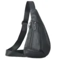 Men black leather sling bag casual outdoor waterproof chest crossbody bag main view display - Black