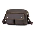 Retro genuine leather men's shoulder bag casual vintage messenger bag multi-pocket crossbody bag - Length 28 x Width 8 x Height 19 cm / Coffee