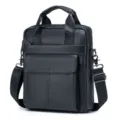 Men black leather business briefcase casual messenger shoulder bag with top handle and strap. - Black
