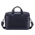 Detailed view of genuine leather men business briefcase, premium cowhide texture, metal hardware. - Length 39CM Width 7.5CM Height 28CM / Black