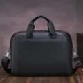Premium black leather briefcase for men, professional business laptop bag with shoulder strap. - Black