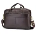 Men's dark brown genuine leather business laptop briefcase with shoulder strap and handles. - Coffee