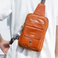 Detailed view of genuine leather chest bag for men, retro oil wax sling crossbody bag. - Yellow Brown