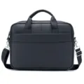 Close-up detail of black leather business briefcase, featuring sturdy handle and strap. - 40x6.5x27cm / Black
