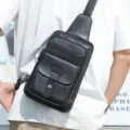 Men's genuine leather chest bag vintage oil wax sling backpack casual shoulder crossbody bag - Black