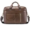 Men genuine leather briefcase business laptop shoulder bag large capacity travel bag - 10" / Coffee