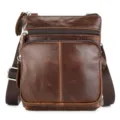 Men's genuine leather crossbody bag detail, vintage brown cowhide shoulder bag with multi pockets. - Brown