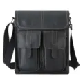 Vintage black leather men messenger shoulder bag featuring double front pockets and strap. - 10" / Black