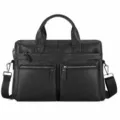 Black genuine leather business briefcase for men, casual laptop messenger bag with handles. - 14" / Black (Litchi Grain)