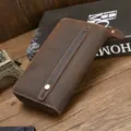 Vintage genuine leather men's long wallet retro clutch purse with wrist strap storage. - Coffee