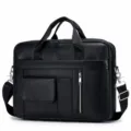 Genuine leather mens briefcase business laptop bag 14 inch large capacity messenger bag. - Black