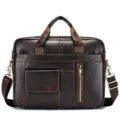Brown leather business briefcase for men, 14-inch laptop bag with shoulder strap and trolley sleeve. - Coffee