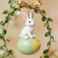 Easter rabbit egg hanging ornament, cute bunny on floral egg with gold bow for home decor. - Style 2