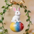 Easter bunny hanging ornament, white rabbit on colorful egg with gold ribbon and green vine. - Style 3