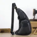 Men's genuine leather sling chest bag, casual single shoulder crossbody bag in black. - Black